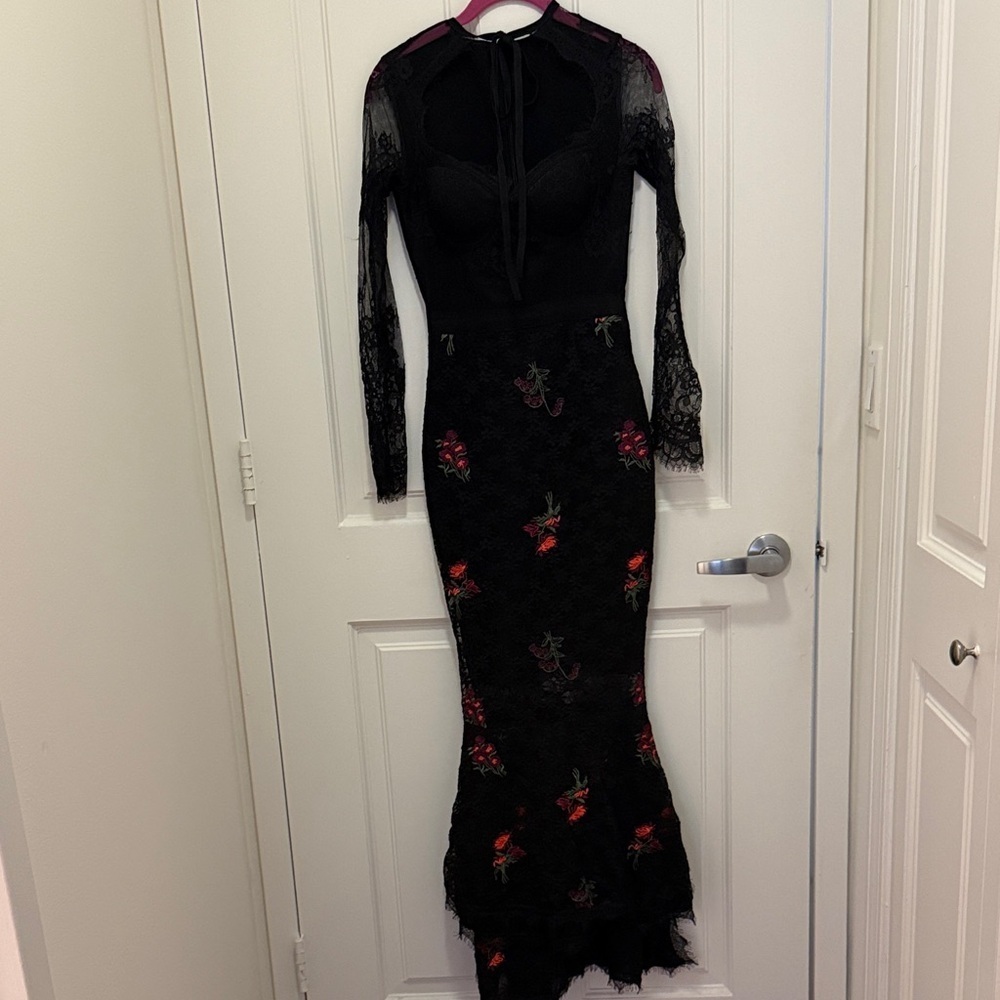 Black Lace Gown with Floral Embroidery, Long Sheer Sleeves, Bustier Bodice.